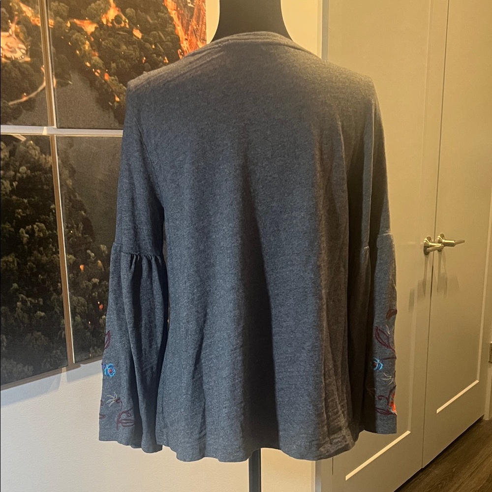 LOFT Charcoal Top with Colorful Embroidered Sleeves - Picture 5 of 6